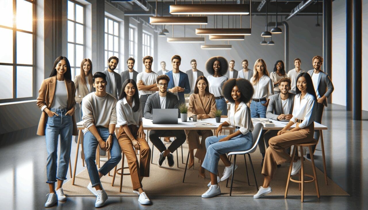 Grupo de jóvenes emprendedores reunidos en un espacio de coworking.