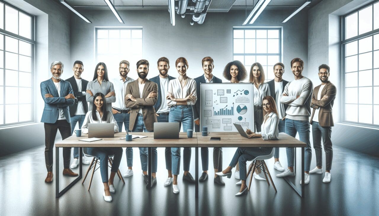 Equipo de emprendedores colaborando en una oficina moderna con pizarras electrónicas