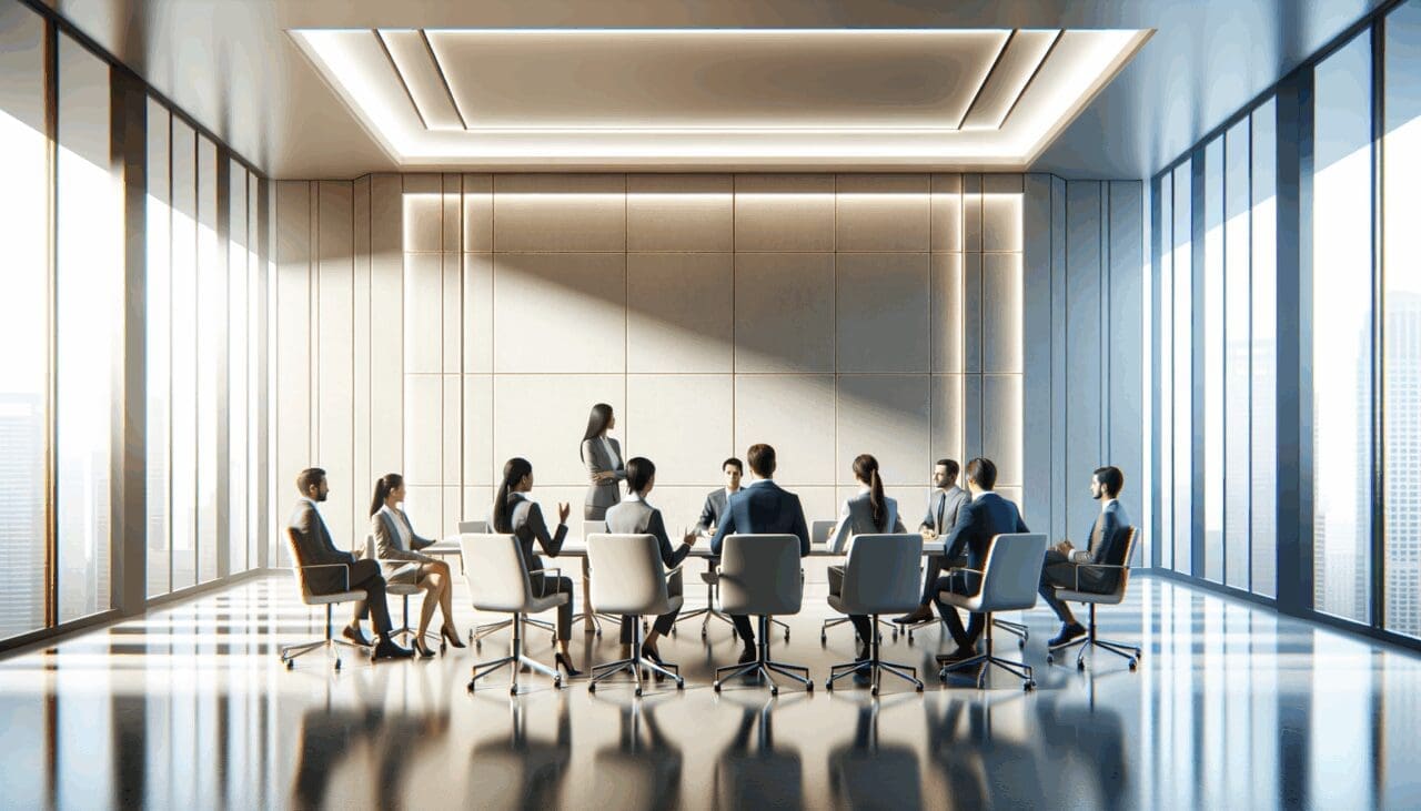 Sala de conferencias moderna con emprendedores y ejecutivos conversando