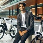 Joven empresario junto a bicicletas eléctricas en un entorno urbano limpio y moderno