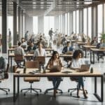 Oficinas modernas con emprendedores trabajando en laptops sobre mesas colaborativas