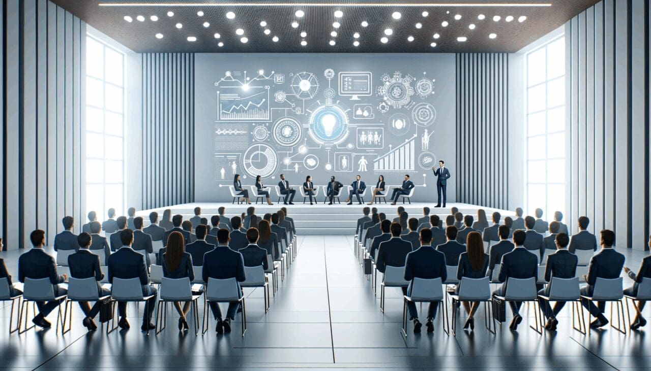 Auditorio moderno con emprendedores presentando ideas tecnológicas frente a autoridades