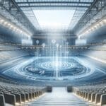 Interior de un estadio deportivo moderno con elementos tecnológicos de diseño limpio