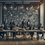 Equipo de emprendedores trabajando en una oficina moderna con laptops y pizarras con ideas