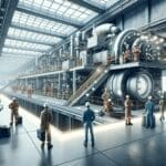 Interior de mina modernizada con tecnología limpia y trabajadores operando maquinaria avanzada