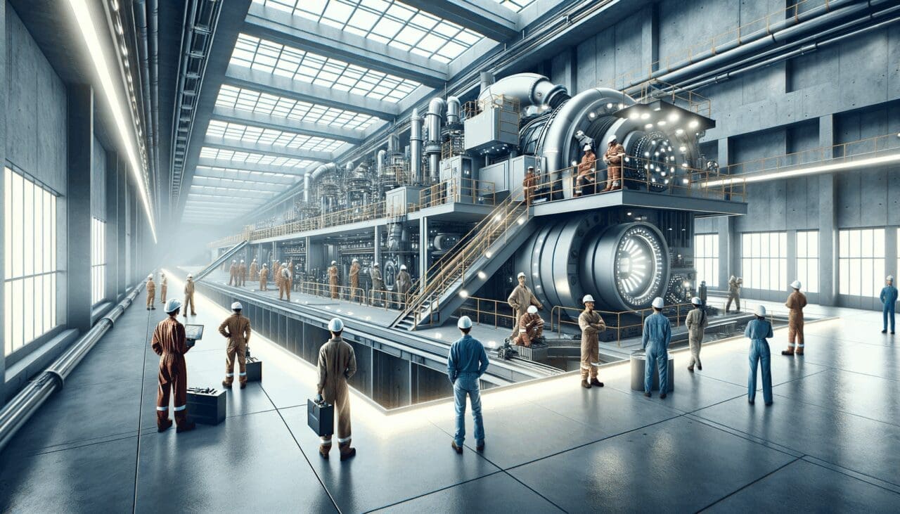 Interior de mina modernizada con tecnología limpia y trabajadores operando maquinaria avanzada