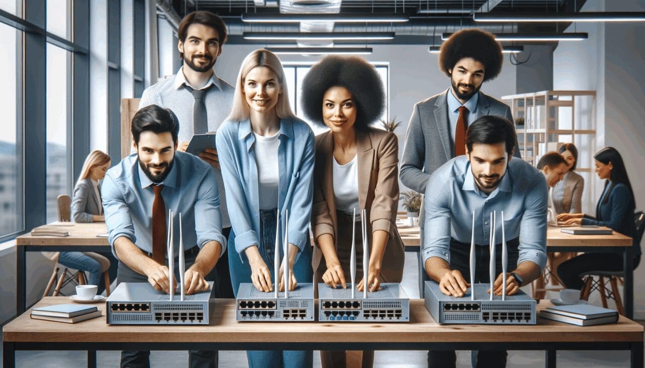 Equipo técnico instalando routers en un espacio de coworking moderno