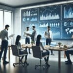 Equipo de emprendedores colaborando en una oficina moderna con pantallas que muestran gráficos de datos