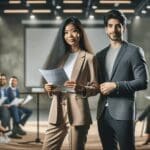 Dos jóvenes emprendedores presentando su proyecto ante un público en un evento tecnológico