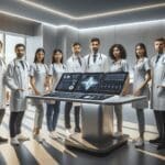 Equipo médico utilizando una interfaz tecnológica en una sala de consulta moderna