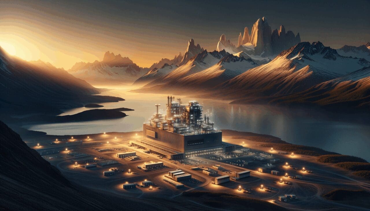 Paisaje de la Patagonia con un complejo tecnológico al amanecer.