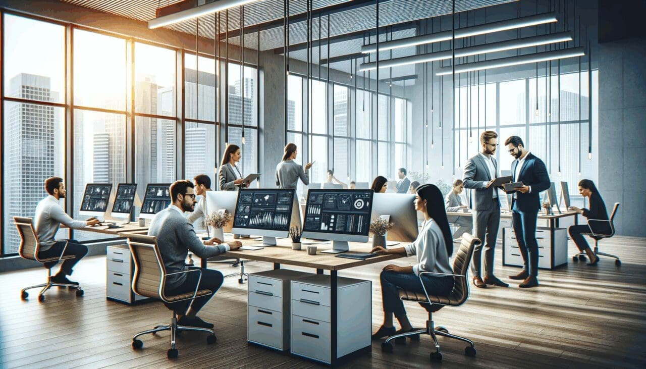 Oficinas modernas con emprendedores colaborando frente a computadoras