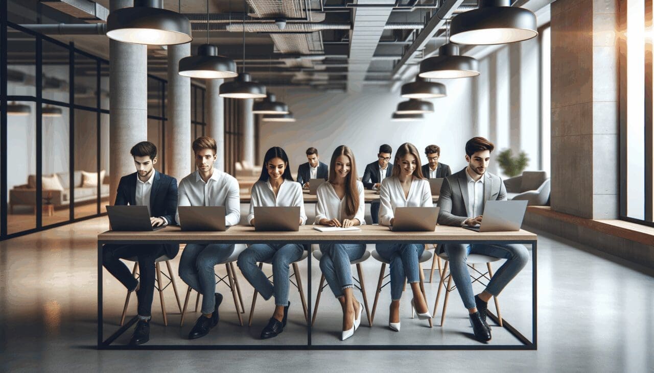 Jóvenes emprendedores trabajando en laptops dentro de un moderno espacio de coworking