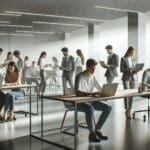 Personas jóvenes trabajando en laptops en un moderno espacio de coworking