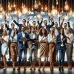 Equipo emprendedor celebrando en un evento tecnológico con pancartas y luces modernas