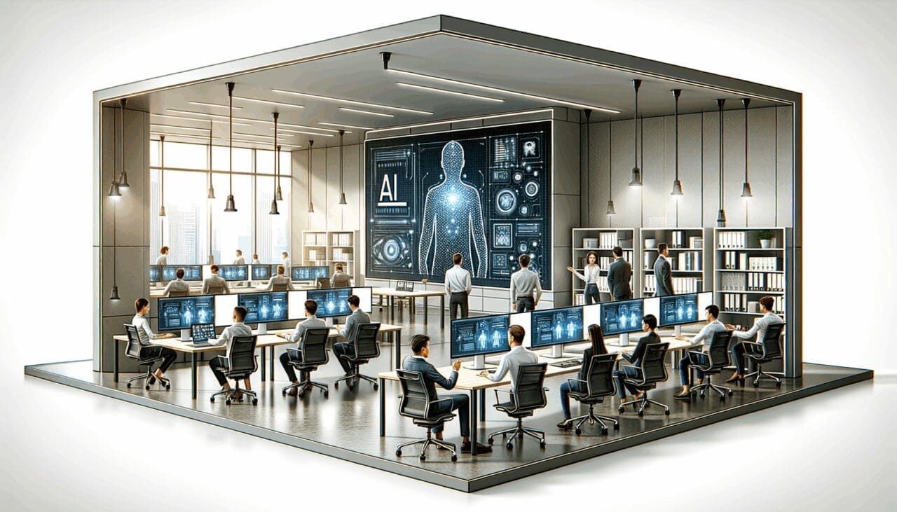 Oficinas modernas con equipos de desarrolladores colaborando frente a pantallas con gráficos de IA