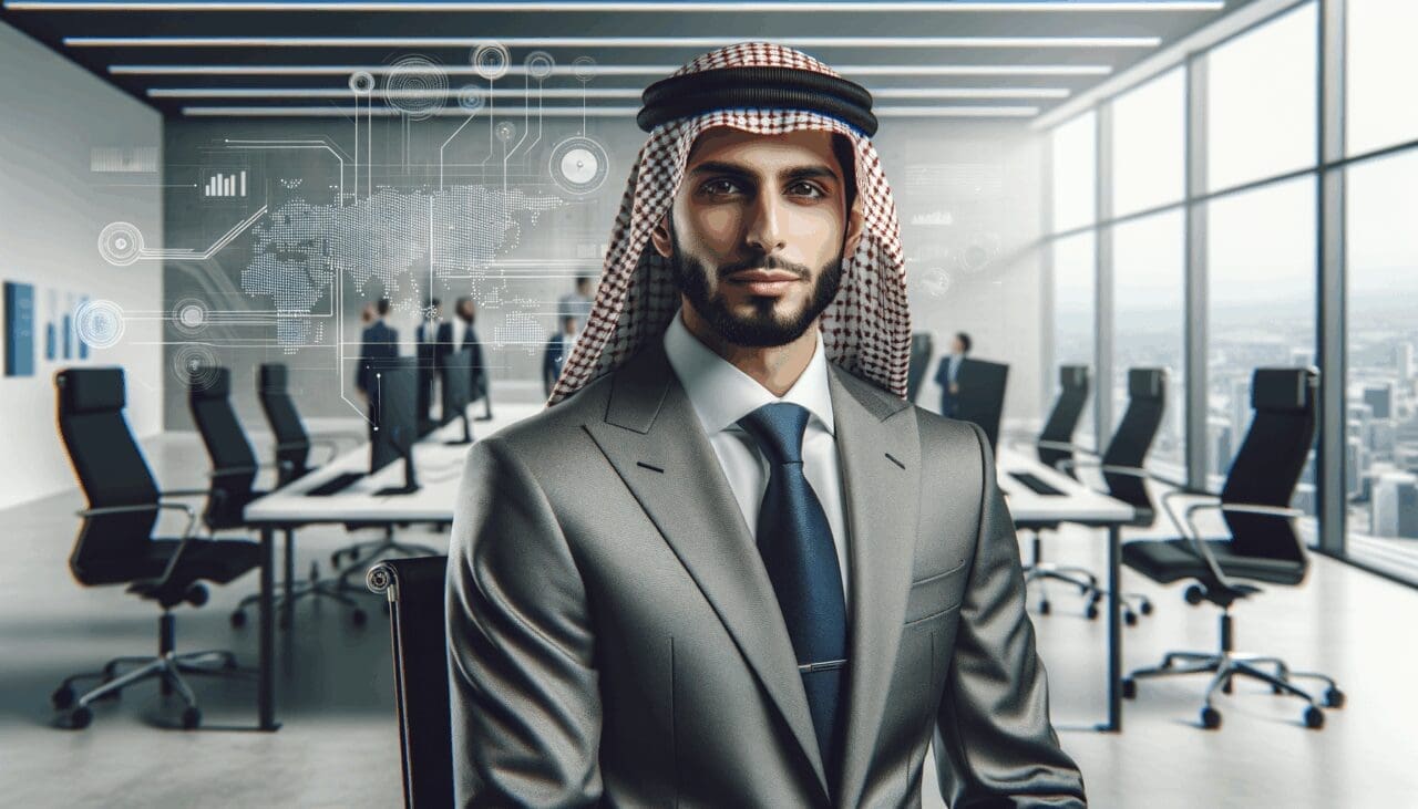 Retrato profesional de un líder empresarial en oficina moderna, con enfoque tecnológico