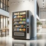 Máquina expendedora moderna con recipientes de comida fresca en un campus universitario contemporáneo