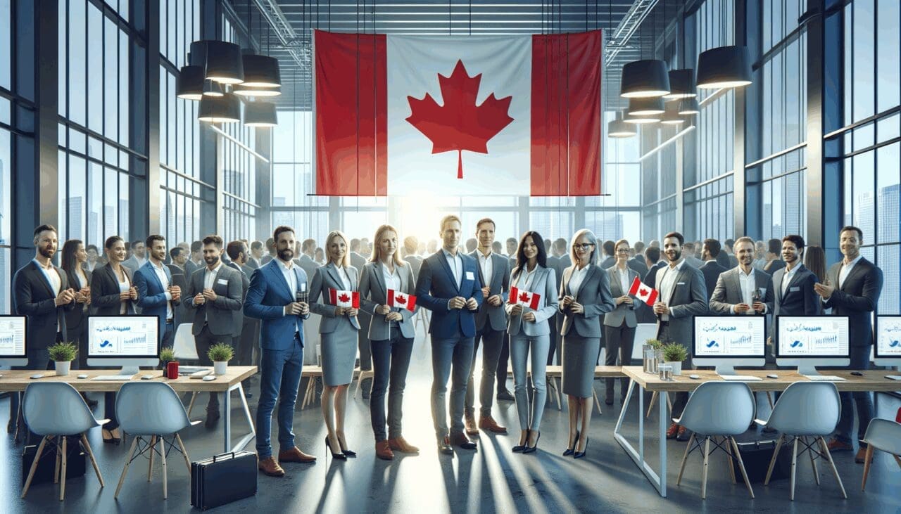 Empresarios reunidos en un moderno centro de innovación con banderas de Canadá y dispositivos electrónicos