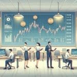 Ilustración de una startup fintech analizando gráficos de criptomonedas en una oficina moderna