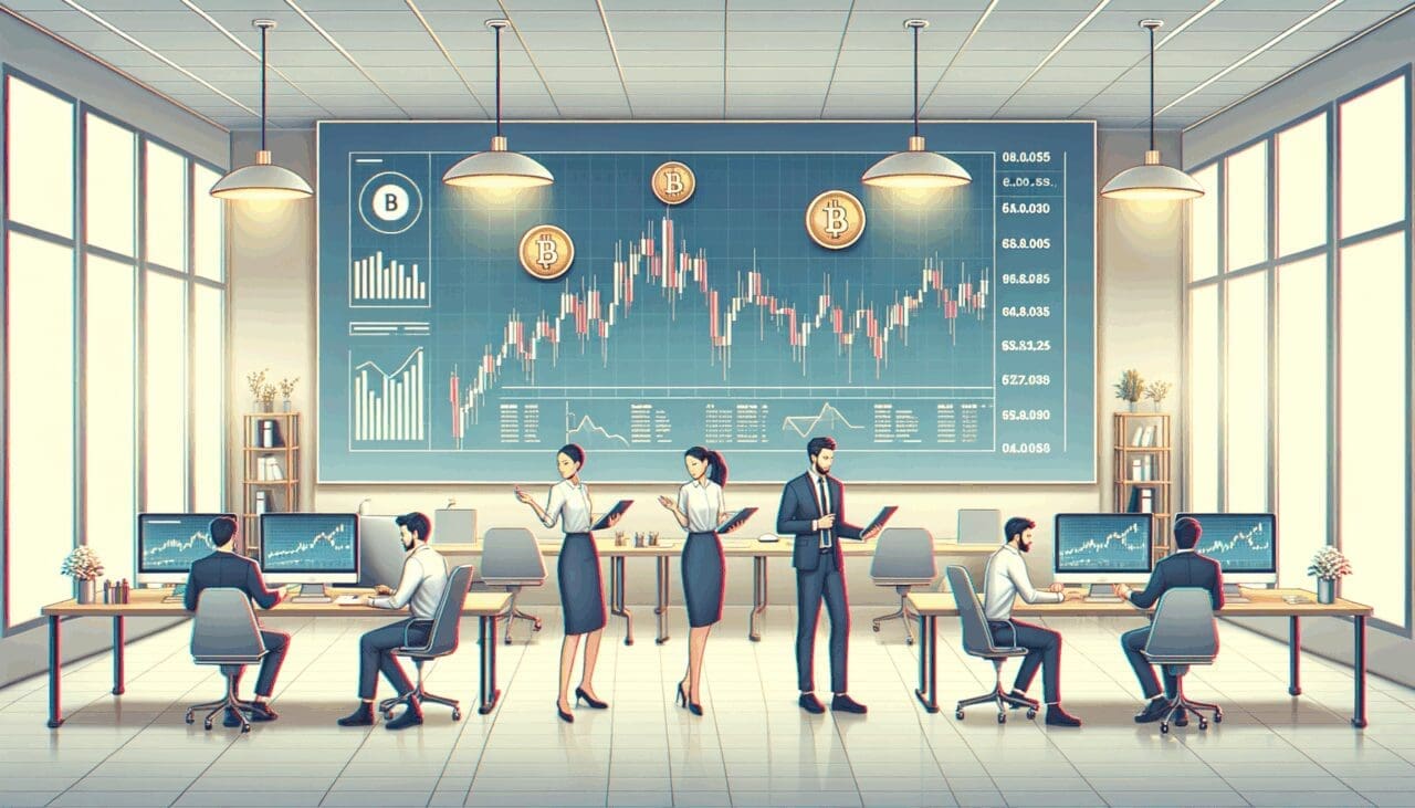 Ilustración de una startup fintech analizando gráficos de criptomonedas en una oficina moderna