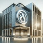 Edificio corporativo moderno con logotipo tecnológico.