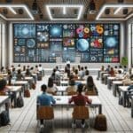 Aula moderna con sensores y pantallas digitales en uso por estudiantes