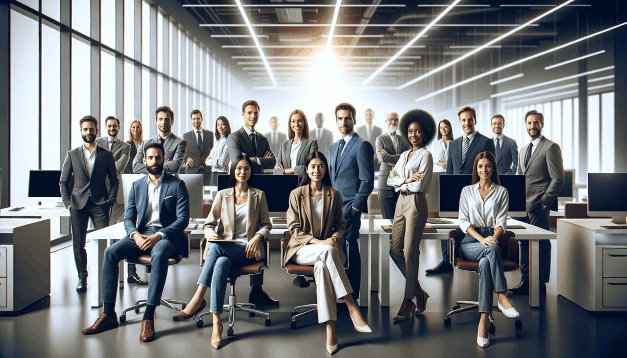 Retrato corporativo en una oficina moderna con elementos tecnológicos y equipo de trabajo diverso