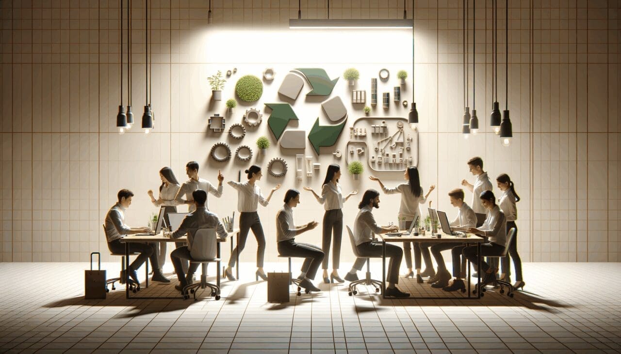 Grupo de jóvenes desarrolladores trabajando con materiales ecológicos en un laboratorio innovador