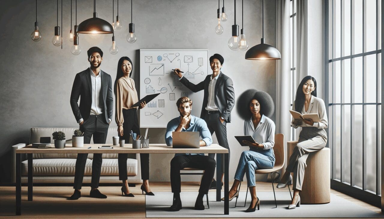 Fotografía de un grupo de emprendedores reunidos en una sala moderna de coworking