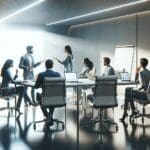 Equipo de trabajo colaborando en una oficina moderna con laptops y pizarras