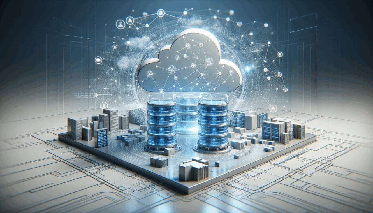 Render de centros de datos en la nube con gráficos digitales de redes y conexiones