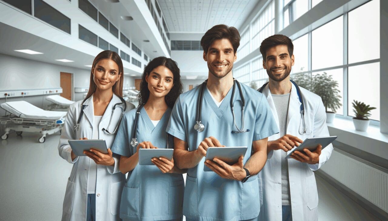 Equipo médico utilizando tabletas en una sala moderna de hospital