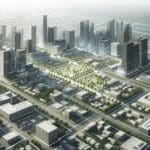 Vista aérea de una zona tecnológica urbana con edificios modernos y zonas verdes