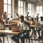 Personas trabajando en laptops dentro de un espacio de coworking moderno