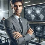 Retrato de un joven emprendedor en un entorno tecnológico con computadoras y pantallas de minería digital