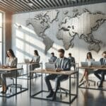 Oficinas modernas internacionales con equipos diversos trabajando en laptops