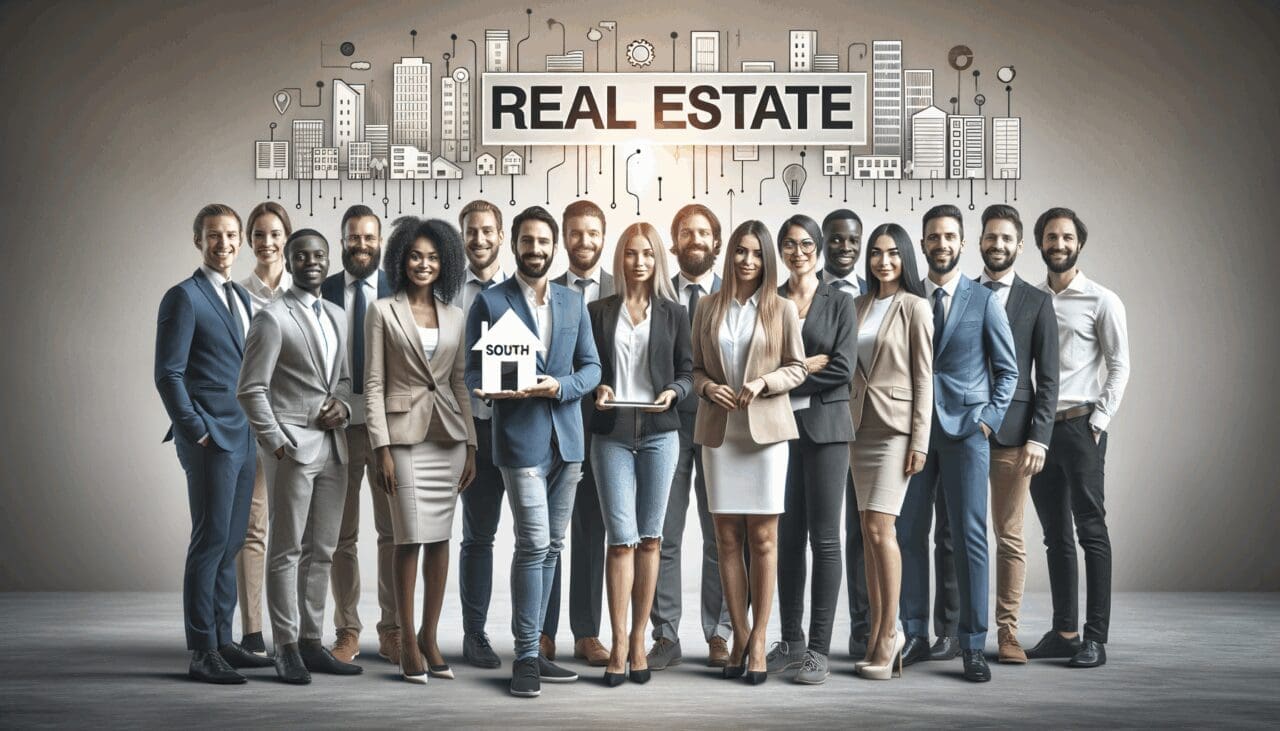 Grupo de emprendedores reunidos presentando una solución tecnológica inmobiliaria