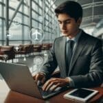 Persona joven trabajando con laptop en un café del aeropuerto, con íconos de conectividad en el fondo
