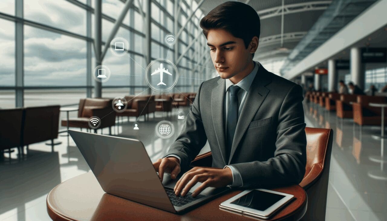 Persona joven trabajando con laptop en un café del aeropuerto, con íconos de conectividad en el fondo
