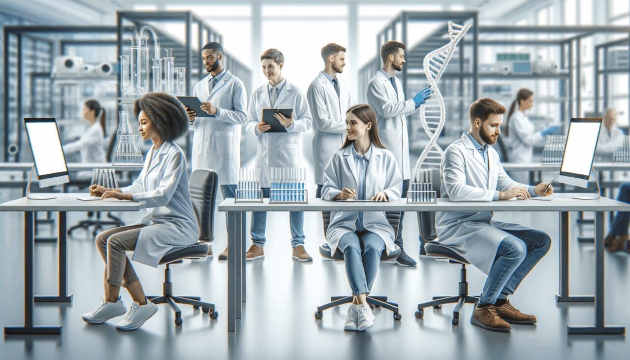 Investigadores trabajando en un laboratorio tecnológico especializado en ingeniería genética