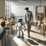 Robot educativo interactuando con niños en una sala de aula moderna