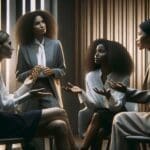 Retrato de mujeres diversas dialogando en un entorno moderno con fondo neutro