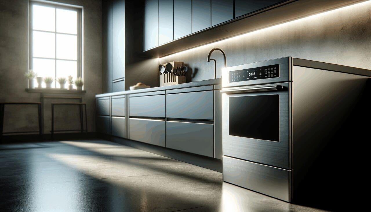 Primer plano de un dispositivo de cocina tecnológico sobre una encimera moderna, con luz natural