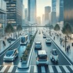 Calle urbana moderna con vehículos eléctricos y personas utilizando soluciones tecnológicas de movilidad