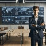 Emprendedor joven en una sala de pitch rodeado de pantallas tecnológicas