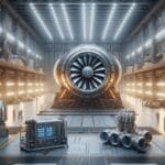 Interior de un hangar tecnológico con equipos y motores espaciales en pruebas