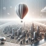 Globo estratosférico flotando sobre una ciudad con vista panorámica desde el cielo