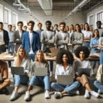 Jóvenes emprendedores reunidos en un espacio coworking moderno frente a laptops