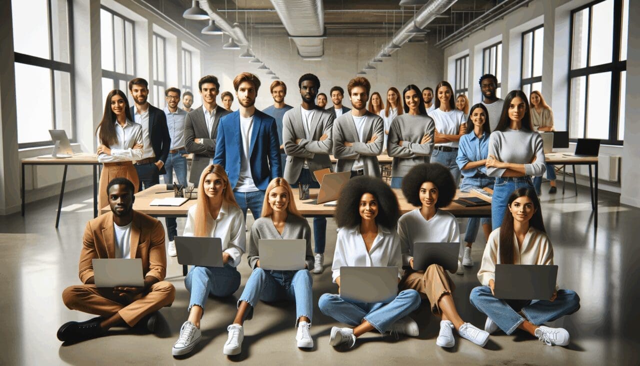 Jóvenes emprendedores reunidos en un espacio coworking moderno frente a laptops